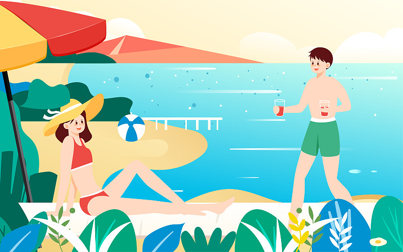 立夏节气人物海边度假插画夏天旅游活动海报下载