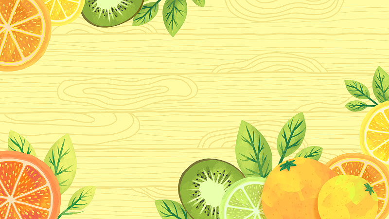 清新橙子柠檬猕猴桃水果插画图片