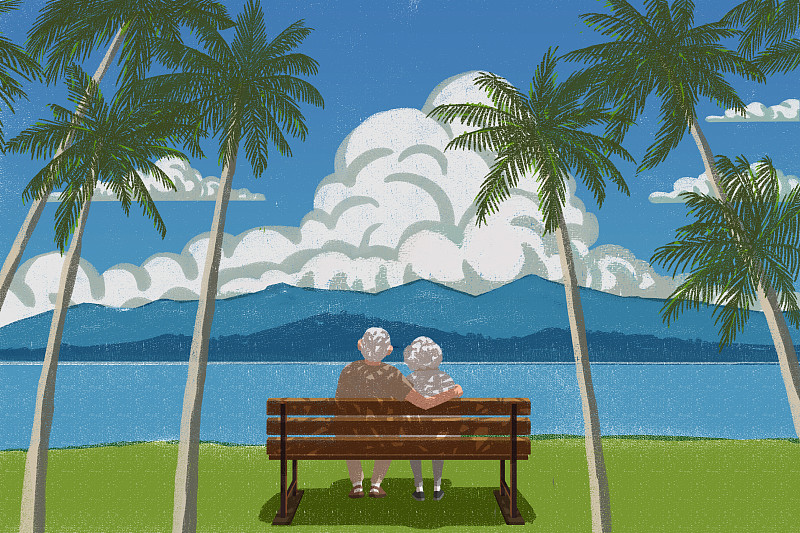 坐在长椅上赏夏景的老年夫妇插画下载