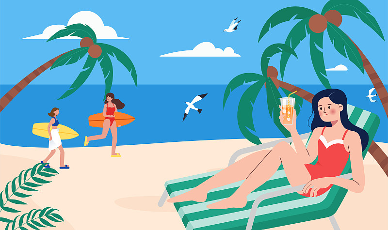 夏日海滩旅行插画图片
