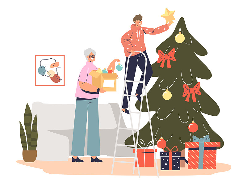 快乐的奶奶在装饰圣诞树图片下载