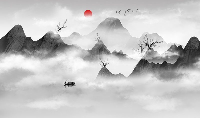 中国风意境山水画背景插画图片