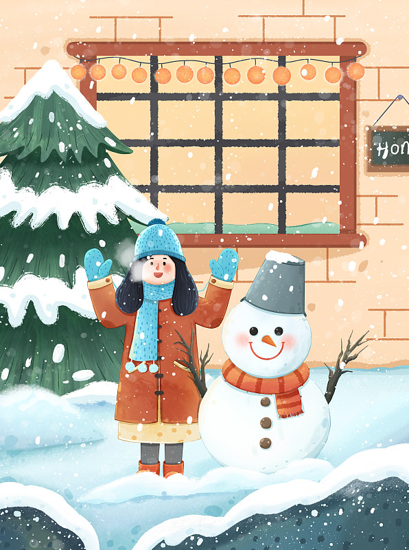 冬天下雪女孩堆雪人插画图片下载