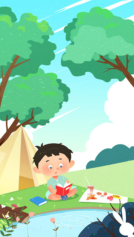 在野外露营的儿童坐在草地上读书休闲风景插画图片