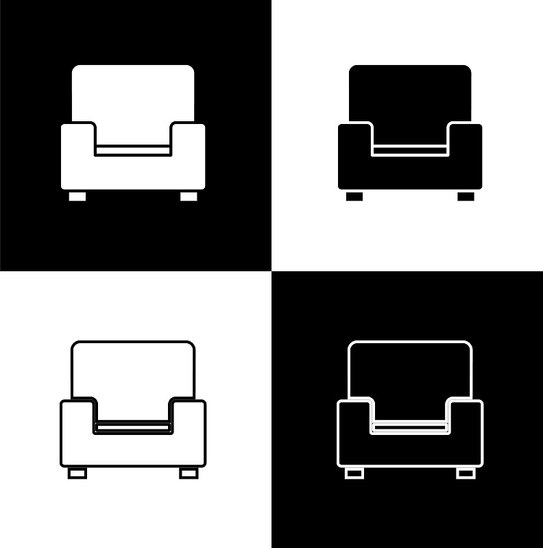 设置扶手椅图标孤立的黑色和白色插画图片