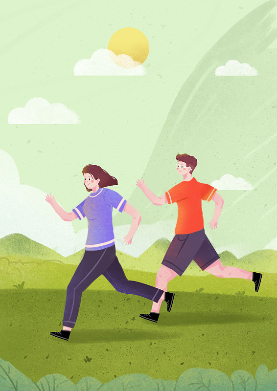 全民健身日正在草原中进行热身跑步的两个人插画图片