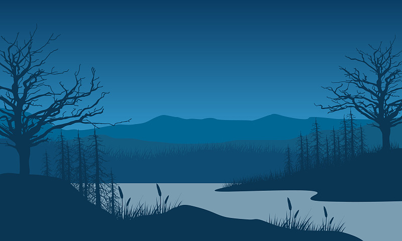 黄昏时分从河边俯瞰美丽的山景插画图片