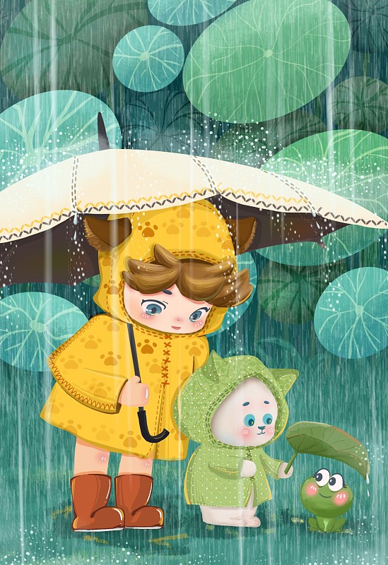 下雨男孩给猫撑伞图片下载