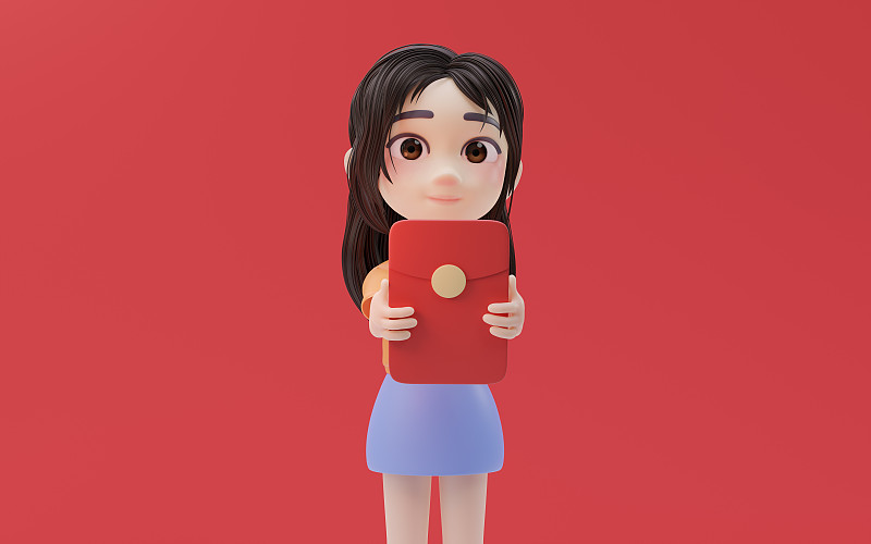 手拿红包的可爱小女孩3D渲染图片下载