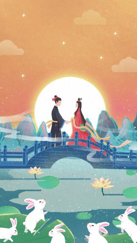 中国风七夕节桥梁上牵手赏月的牛郎织女视频图片下载