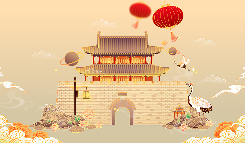 中式建筑与新年元素图片下载