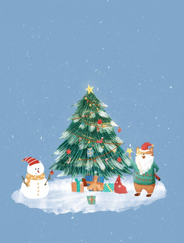 圣诞节日庆祝绿色圣诞树装饰闪耀彩灯雪人礼物插画下载