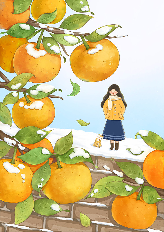 冬天站在墙上看橘子雪景的女孩插画下载