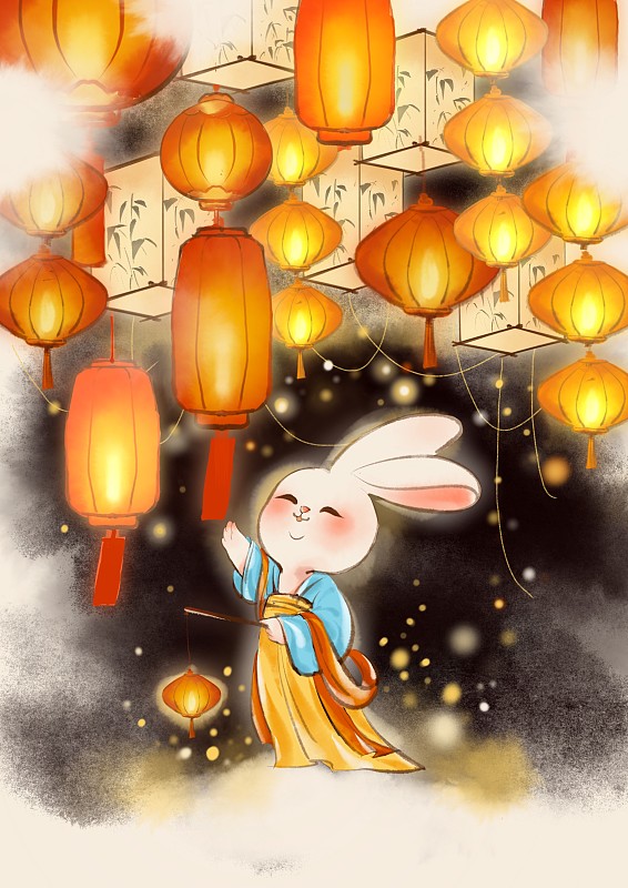 古风兔子花灯插画兔年传统中国风水墨画下载
