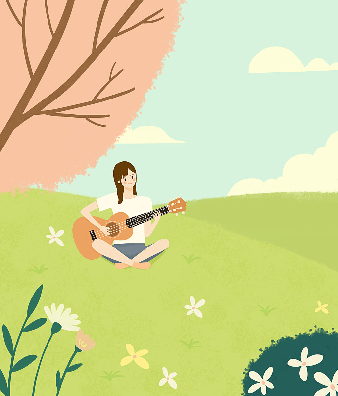 草地上弹吉他的女孩插画下载