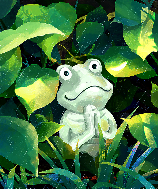 在夏日雨中草丛中青蛙双手合十插画下载