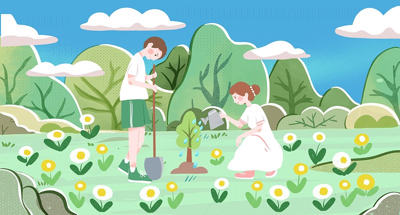 男孩女孩在植树保护环境植树节插画下载