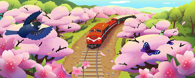 春天穿梭在樱花盛开森林里的火车全景插画下载