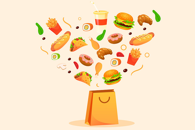 快餐外卖美食能量午餐薯条汉堡垃圾食品插画下载