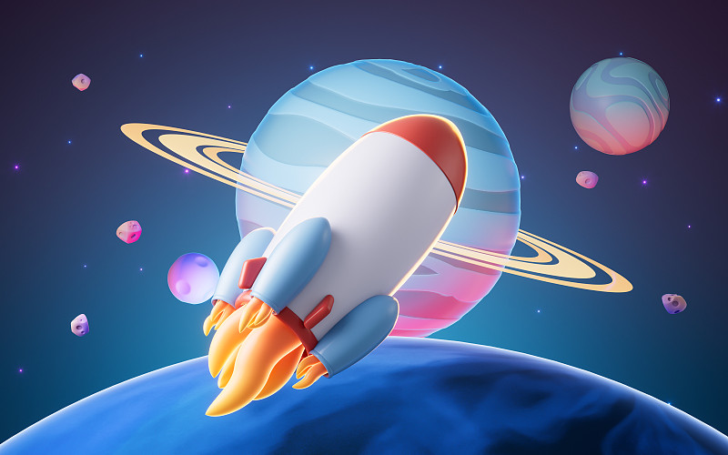 火箭与外太空卡通3D渲染图片下载