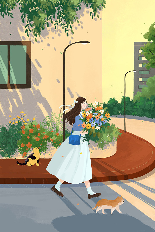 小清新治愈系插画一个文艺女性抱着花走在城市的小路上下载