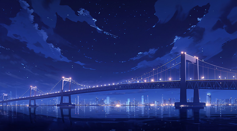 【AI数字艺术】夏日星空下的跨江大桥插画背景下载