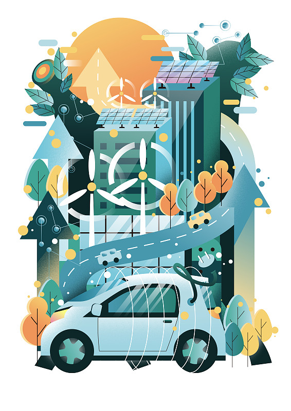 低碳节能环保减排新能源车主题插画下载