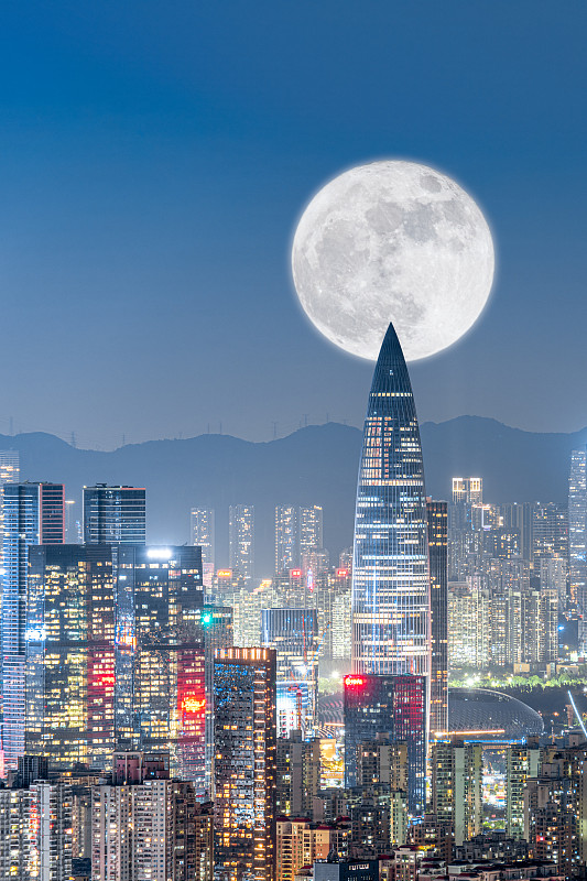 深圳城市夜景和中秋节圆月亮图片下载