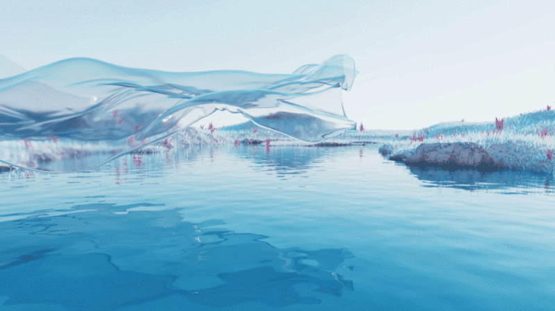 蓝色湖面与流动的透明布料3D渲染插画下载