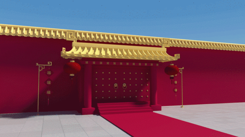 红色中国风宫墙与门3D渲染插画下载
