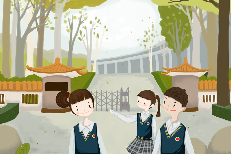 三个学生在学校门口图片下载