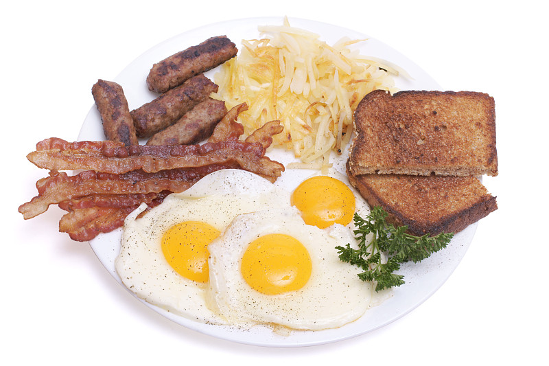 早餐盘，有鸡蛋，香肠，培根和吐司。图片下载