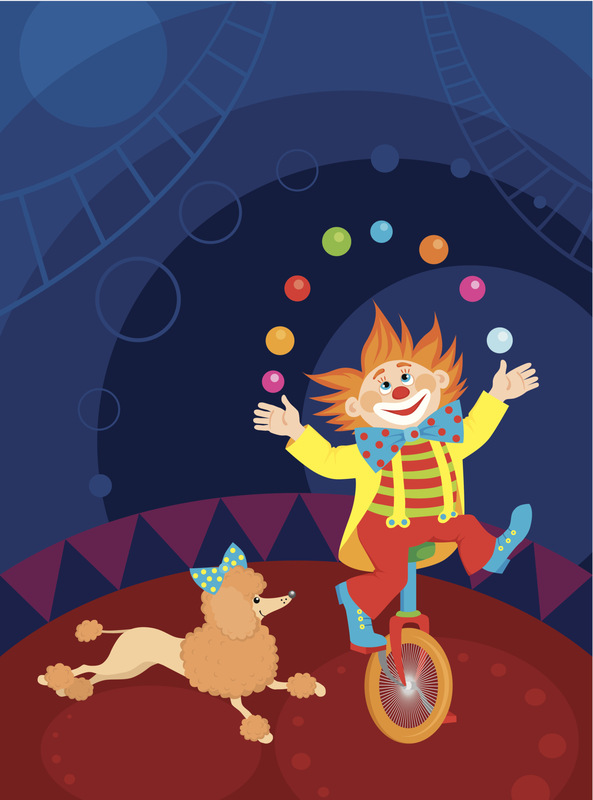 马戏团舞台上的小丑和狮子狗图片下载
