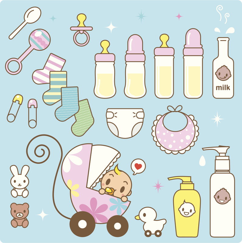 图标:可爱的婴儿在婴儿车和婴儿商品图片素材