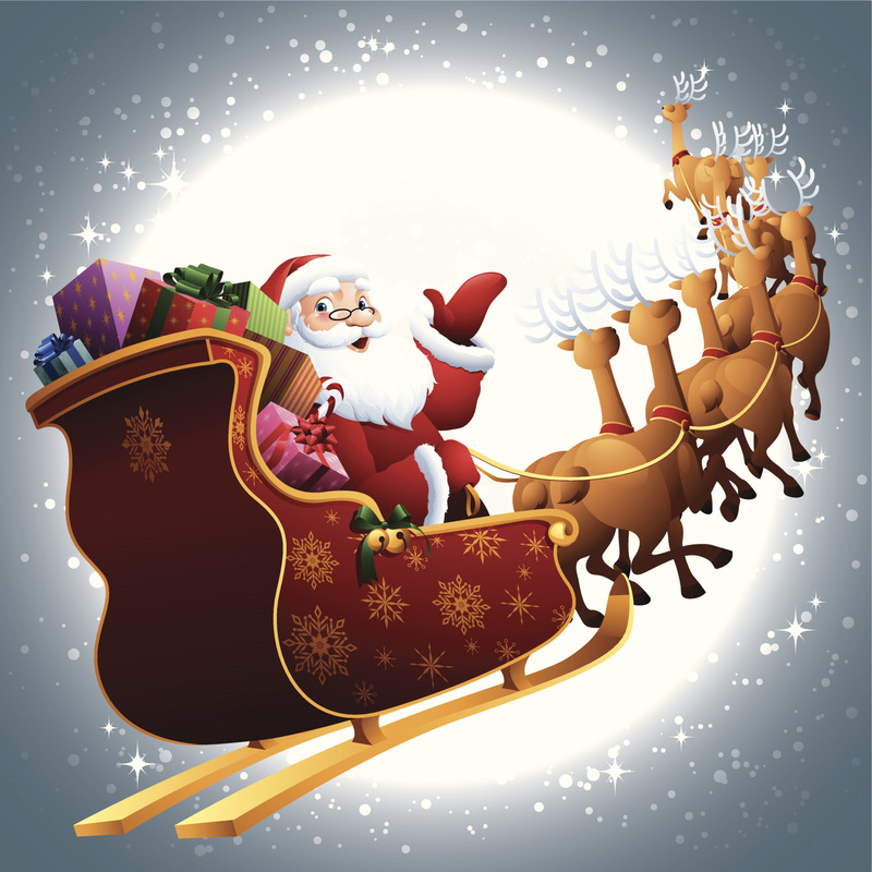 圣诞老人驾着雪橇在满月的天空中飞翔图片下载
