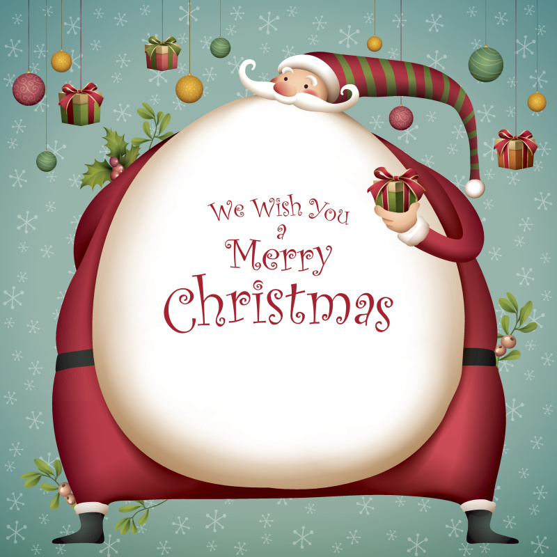 圣诞卡片-胖圣诞老人与圣诞装饰品图片下载