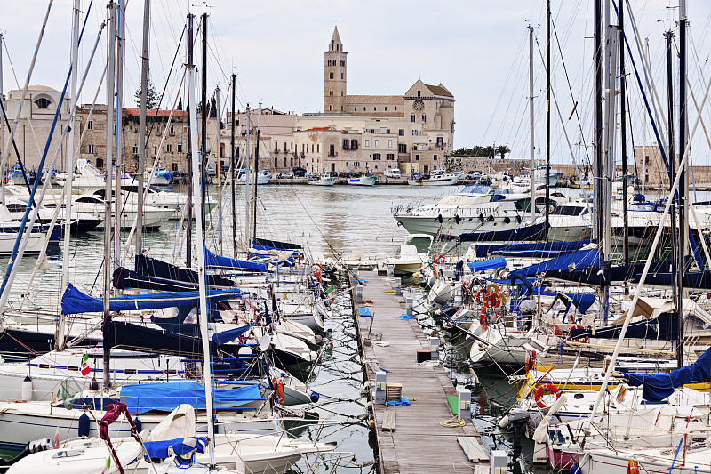 意大利，阿普利亚，特拉尼，码头上的船只和城市建筑的背景图片素材