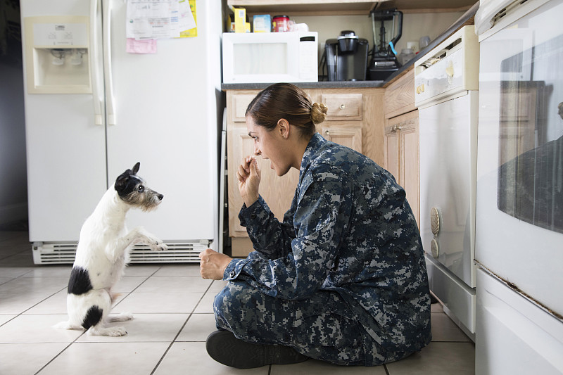 一个军人和她的宠物狗在家里图片素材