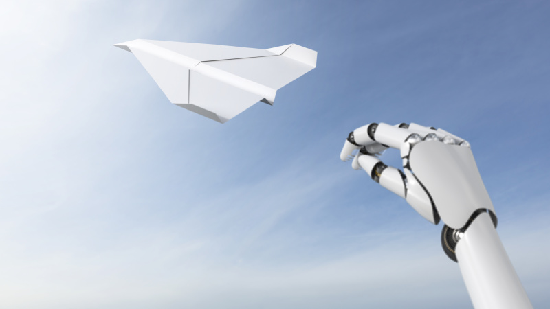 机器人手扔纸飞机，3D渲染图片下载