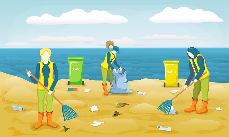 一群志愿者捡拾垃圾、塑料瓶、清洁海滩和分类垃圾。志愿服务团队精神。志愿者清理沙滩上的垃圾，爱护地球。向量的概念。图片下载