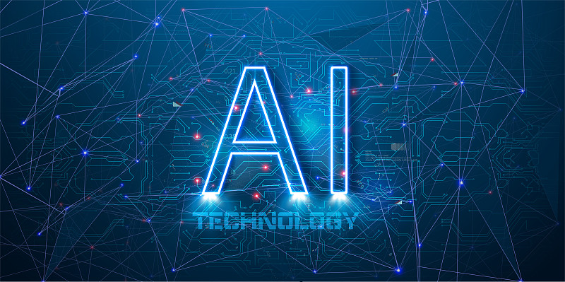 人工智能(AI)与蓝色霓虹灯AI文本印刷电路板的背景说明。摘要网络技术和自动化的概念。未来,机器人。横幅现代图片下载