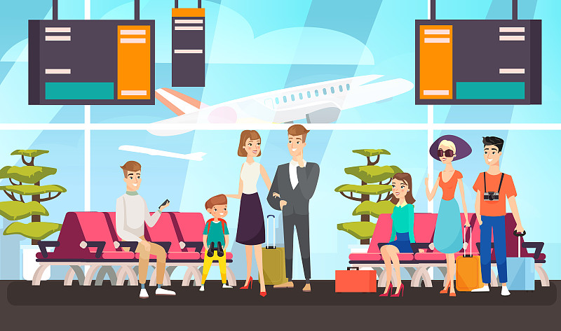 机场乘客等待飞行平面矢量图。旅客坐在候机室。带着行李的卡通游客期待飞机起飞。国际航空公司的客户。下载