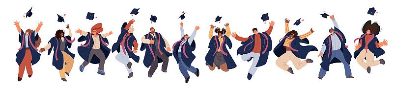 向量平套幸福毕业男女大学生在大学教育学生的学术服装。毕业典礼学生将帽子抛向空中，成功的学习理念图片素材