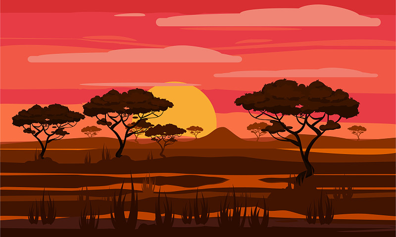 日落时分的非洲，稀树大草原的风景中有树木的剪影，草地灌木的地平线上有橙色的太阳。保护区和国家公园的户外。矢量插图孤立卡通风格图片下载