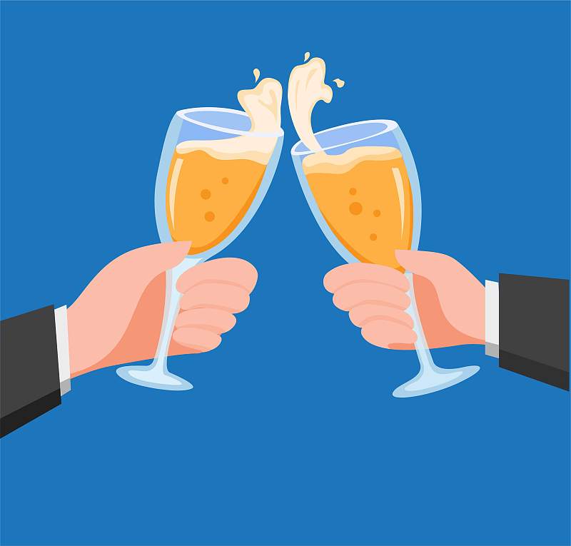 手与香槟在葡萄酒杯在扁平风格的商人手腕拿着金色的气泡酒精饮料和叮当作响的矢量插图孤立在白色的背景图片素材