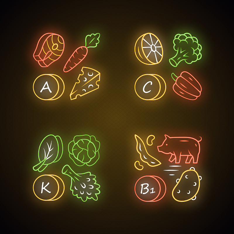 维生素霓虹灯图标集。A、C、B1、K维生素的天然食物来源。蔬菜，可食用的绿色蔬菜，乳制品。适当的营养。矿物质、抗氧化剂。发光的迹象。向量孤立的插图图片下载