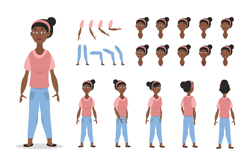 非裔美国女孩角色构造动画与各种观点，姿态，手势，发型和情感。图片素材