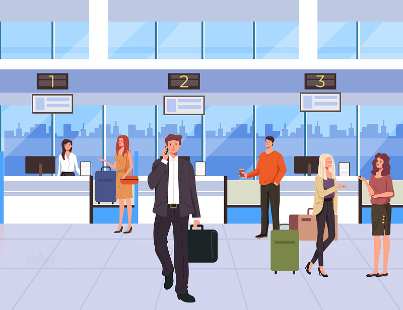 人们、旅客、旅客在机场等待登机。矢量平面设计插图图片下载