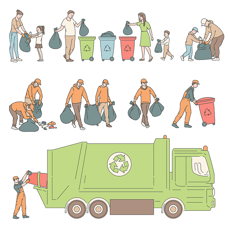 人们将垃圾分类，并派卡车回收。志愿者清洁环境，从垃圾矢量设置素描线插图。图片下载