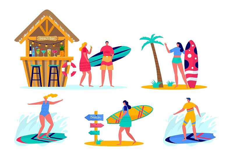 一组人在海滩穿着冲浪板冲浪。年轻的男女在海边度假，海边，海滩酒吧。夏季运动理念，休闲户外活动，散步。平面向量图片下载
